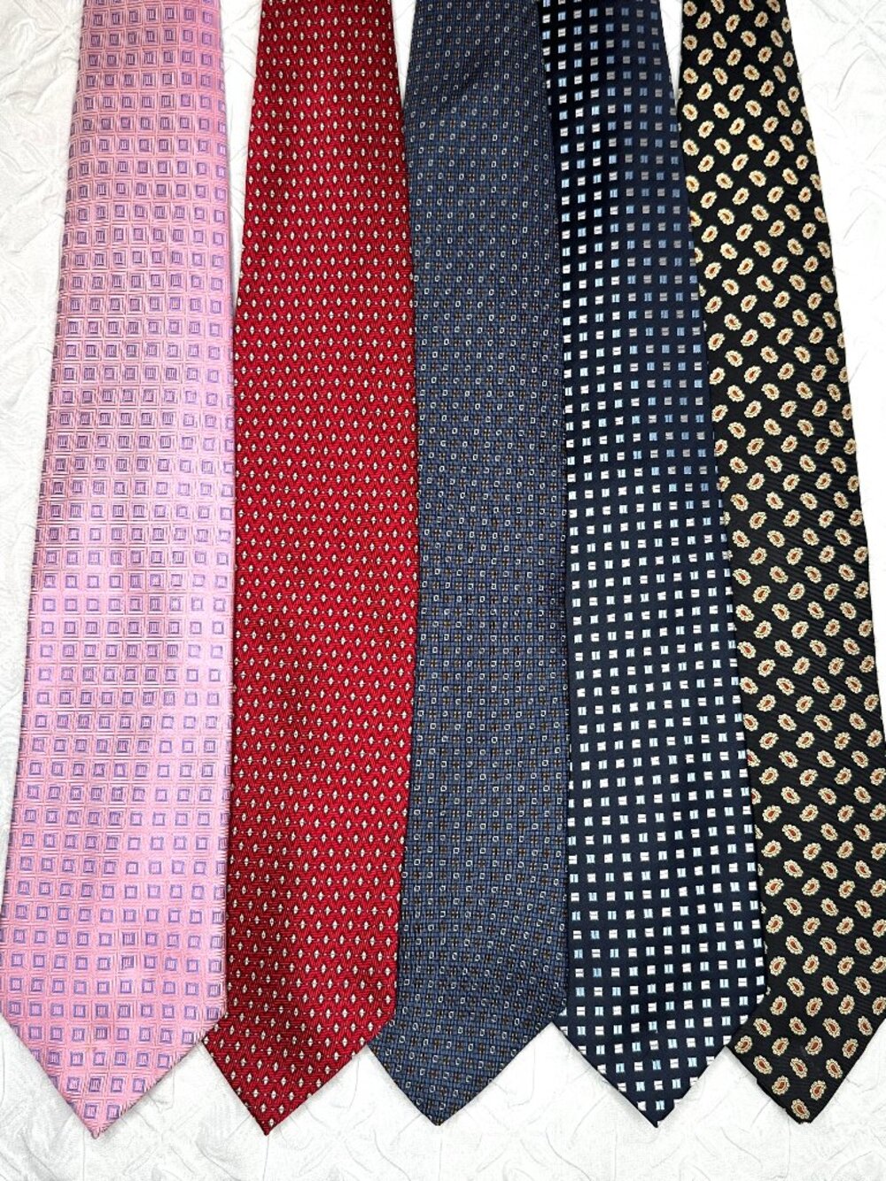 Lot of 5 100% Silk Ties Dot Check or Paisley Pattern Preppy Minimalist Timeless